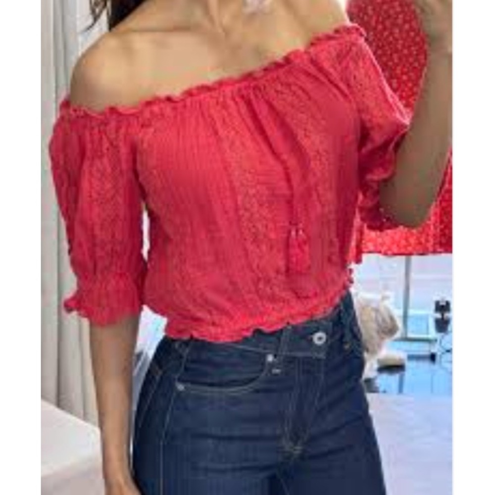 American Eagle NEW Womens Coral Crochet Lace Gauze Top Large Boho Cottagecore